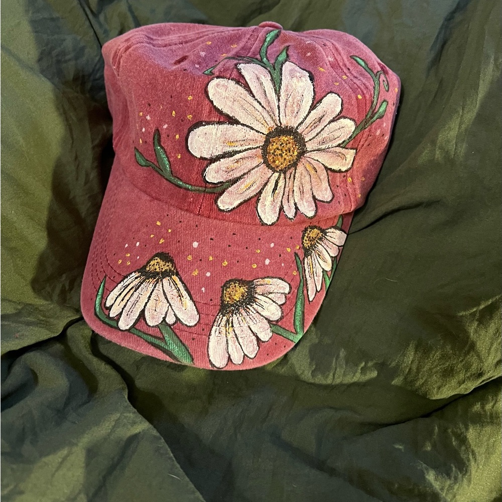 Hand Painted Daisies Rose Pink Cap